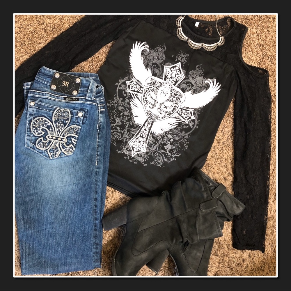 NWOT Black & White Cross Graphic With Lace Top